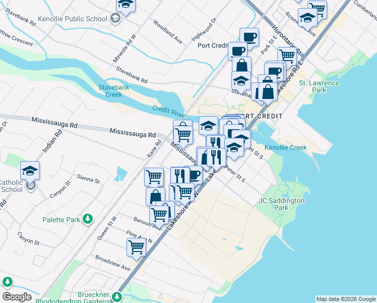 map of restaurants, bars, coffee shops, grocery stores, and more near in Mississauga