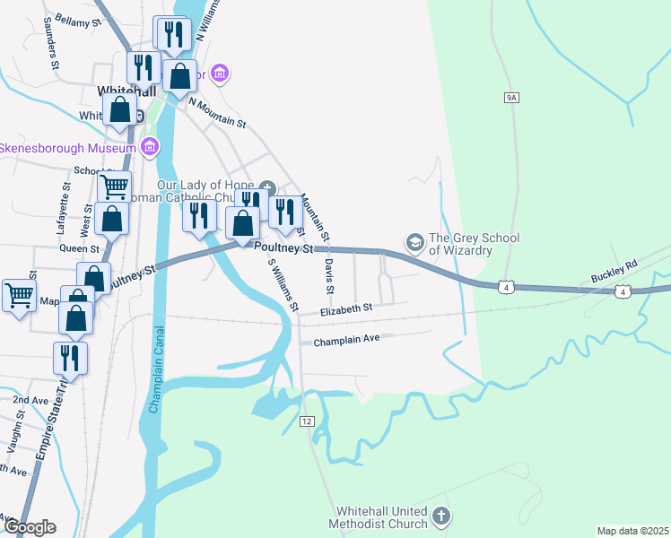 map of restaurants, bars, coffee shops, grocery stores, and more near 6 Davis Street in Whitehall