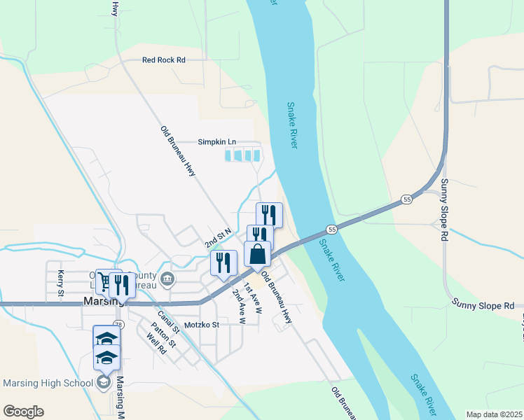 map of restaurants, bars, coffee shops, grocery stores, and more near 138 1st Street North in Marsing