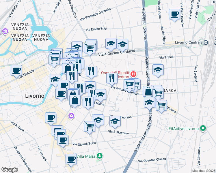 map of restaurants, bars, coffee shops, grocery stores, and more near 50/B Via Antonio Gramsci in Livorno
