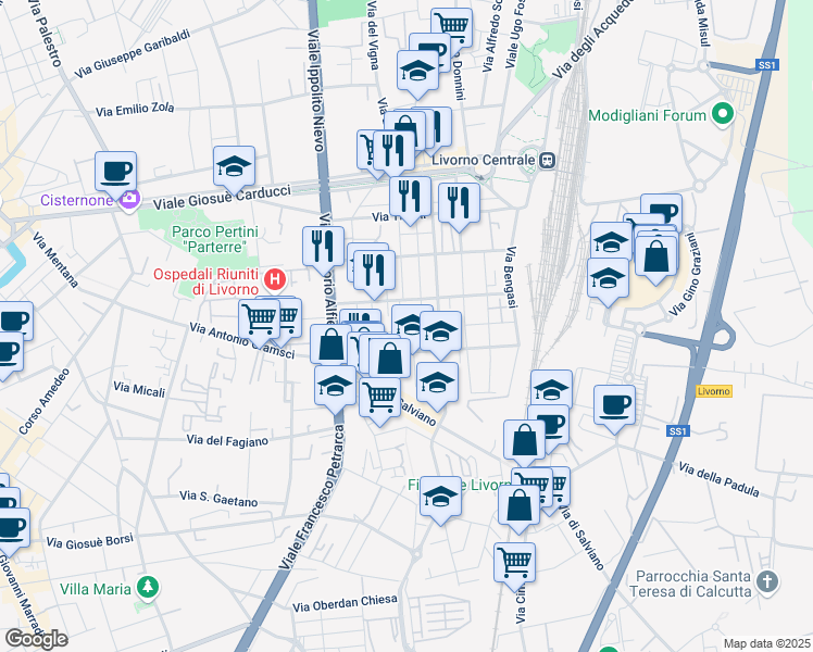 map of restaurants, bars, coffee shops, grocery stores, and more near 22 Via Francesco Carega in Livorno