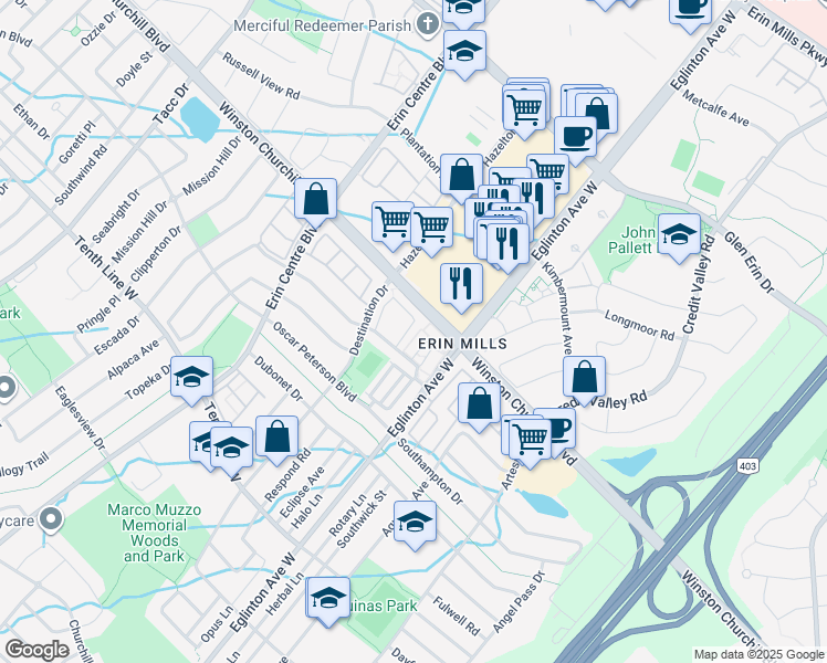 map of restaurants, bars, coffee shops, grocery stores, and more near 3120 Boxford Crescent in Mississauga