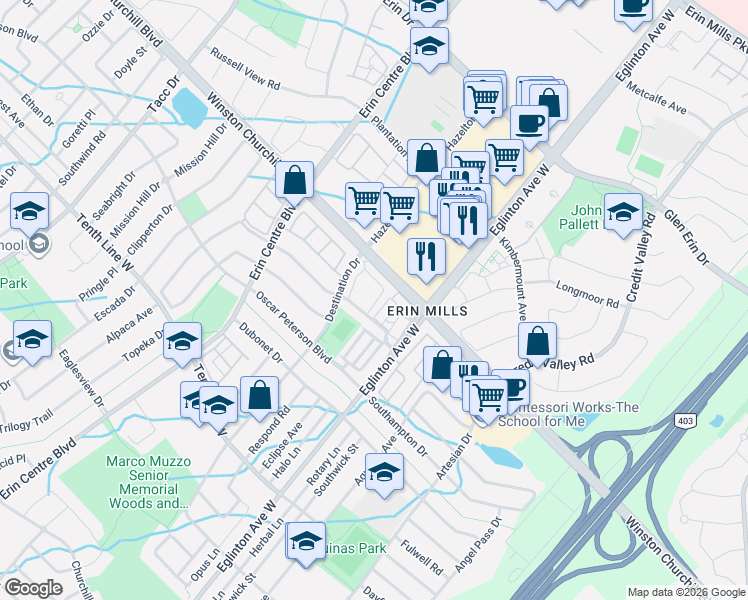 map of restaurants, bars, coffee shops, grocery stores, and more near 3115 Boxford Crescent in Mississauga