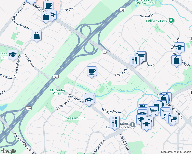 map of restaurants, bars, coffee shops, grocery stores, and more near 4195 Treetop Crescent in Mississauga