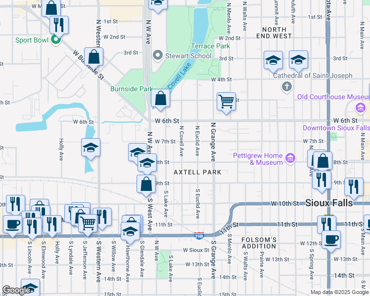 map of restaurants, bars, coffee shops, grocery stores, and more near 218 North Covell Avenue in Sioux Falls