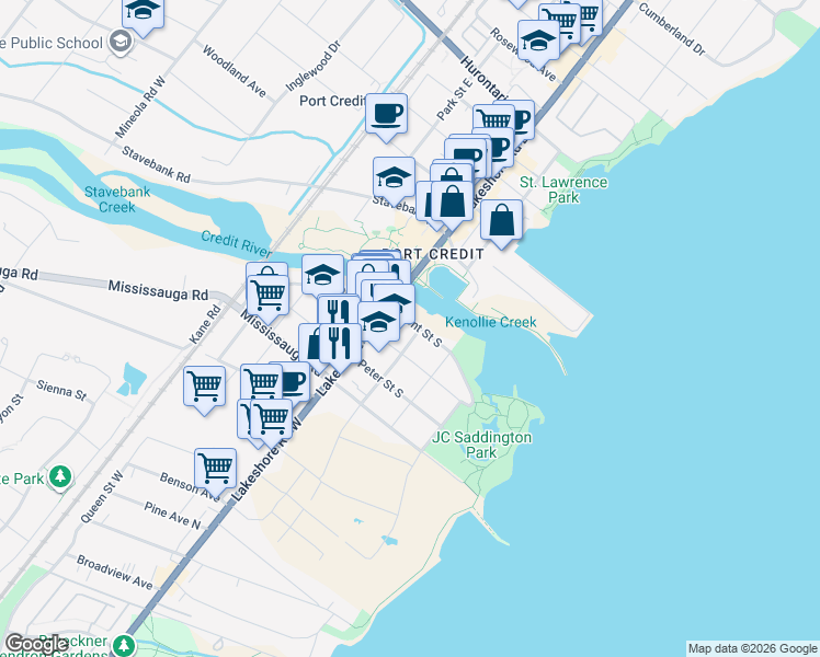 map of restaurants, bars, coffee shops, grocery stores, and more near 102 Lakeshore Road West in Mississauga