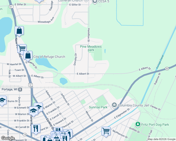 map of restaurants, bars, coffee shops, grocery stores, and more near 547 East Albert Street in Portage