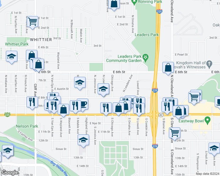 map of restaurants, bars, coffee shops, grocery stores, and more near 2020 East Austin Street in Sioux Falls