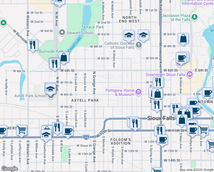 map of restaurants, bars, coffee shops, grocery stores, and more near 234 North Trapp Avenue in Sioux Falls
