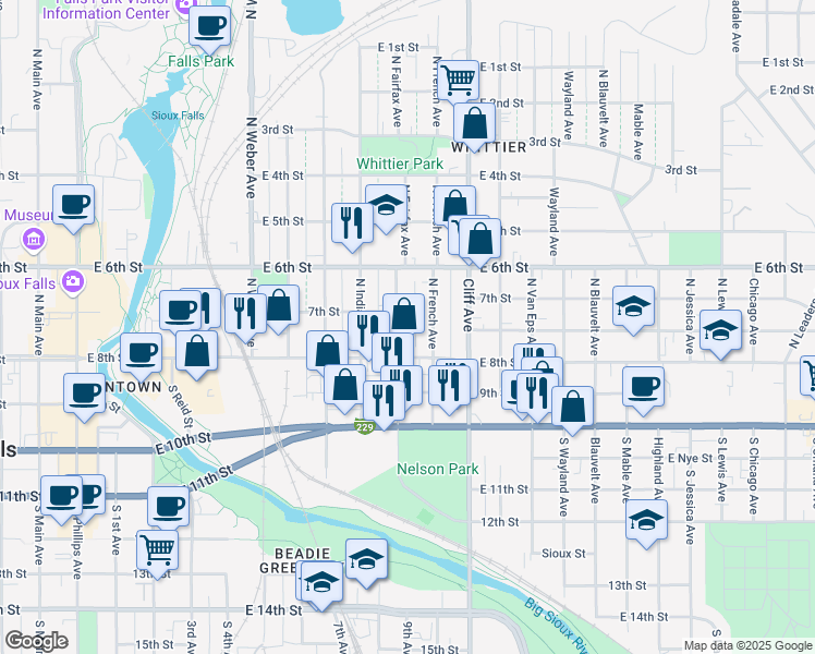 map of restaurants, bars, coffee shops, grocery stores, and more near 228 North Fairfax Avenue in Sioux Falls