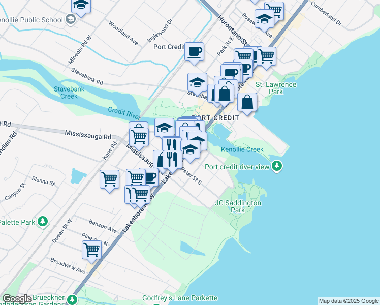 map of restaurants, bars, coffee shops, grocery stores, and more near 121 Lakeshore Road West in Mississauga