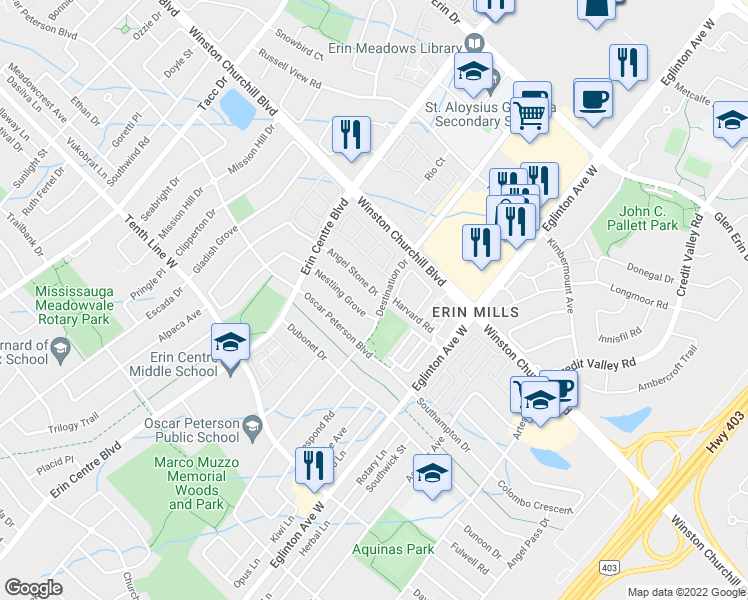 map of restaurants, bars, coffee shops, grocery stores, and more near 5122 Angel Stone Drive in Mississauga