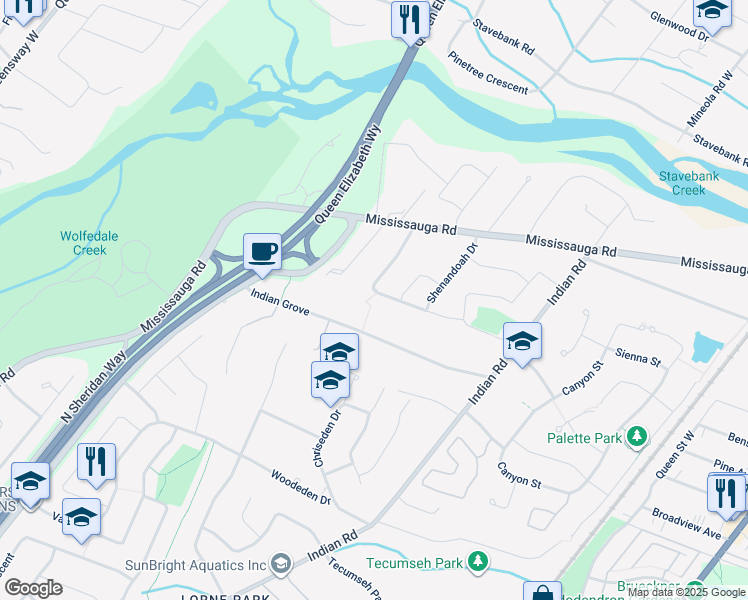 map of restaurants, bars, coffee shops, grocery stores, and more near 1494 Wateska Boulevard in Mississauga