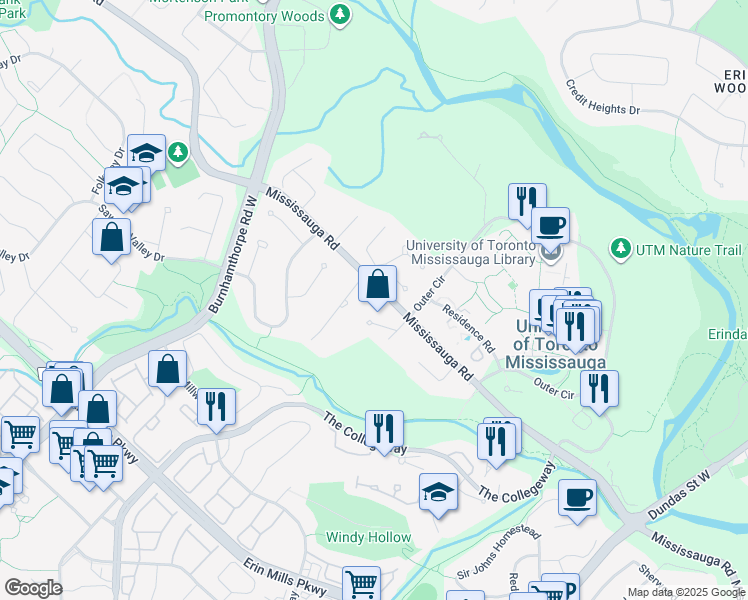 map of restaurants, bars, coffee shops, grocery stores, and more near 3394 Mississauga Road in Mississauga