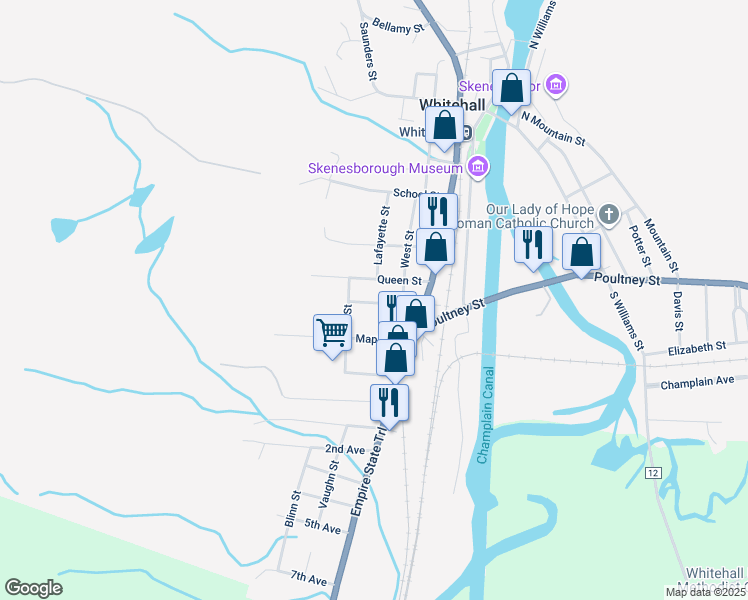 map of restaurants, bars, coffee shops, grocery stores, and more near 24 Boardman Street in Whitehall