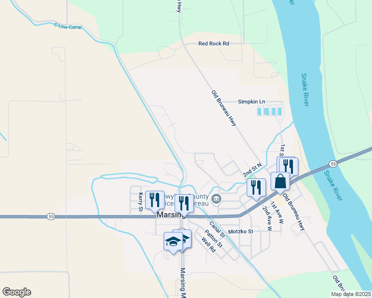 map of restaurants, bars, coffee shops, grocery stores, and more near 521 Morning Dove Way in Marsing