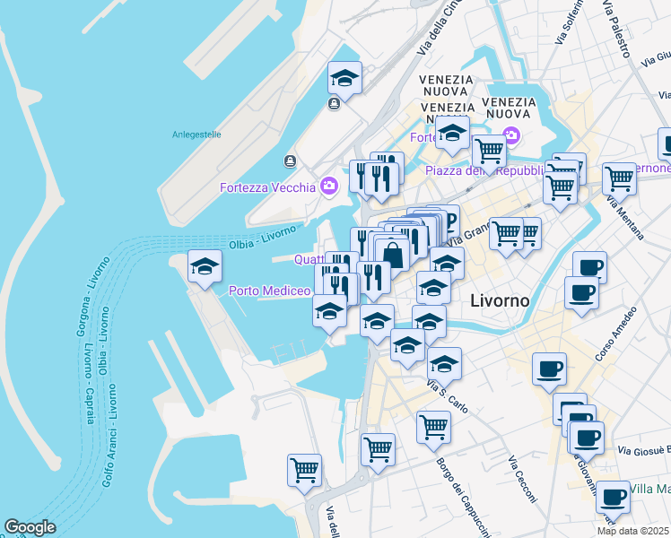 map of restaurants, bars, coffee shops, grocery stores, and more near 10 Scali della Darsena in Livorno