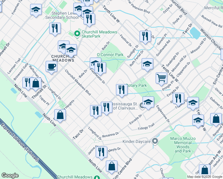 map of restaurants, bars, coffee shops, grocery stores, and more near 5519 Freshwater Drive in Mississauga