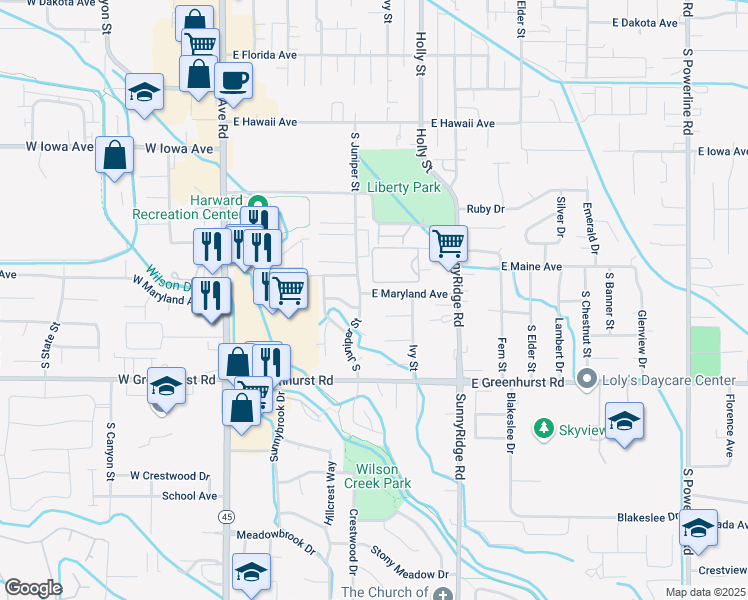 map of restaurants, bars, coffee shops, grocery stores, and more near 513 East Maryland Avenue in Nampa