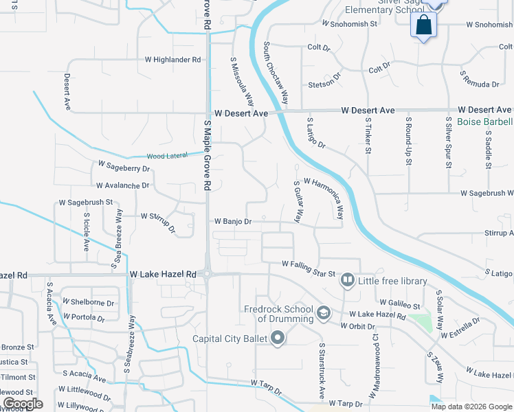 map of restaurants, bars, coffee shops, grocery stores, and more near 8672 West Banjo Drive in Boise