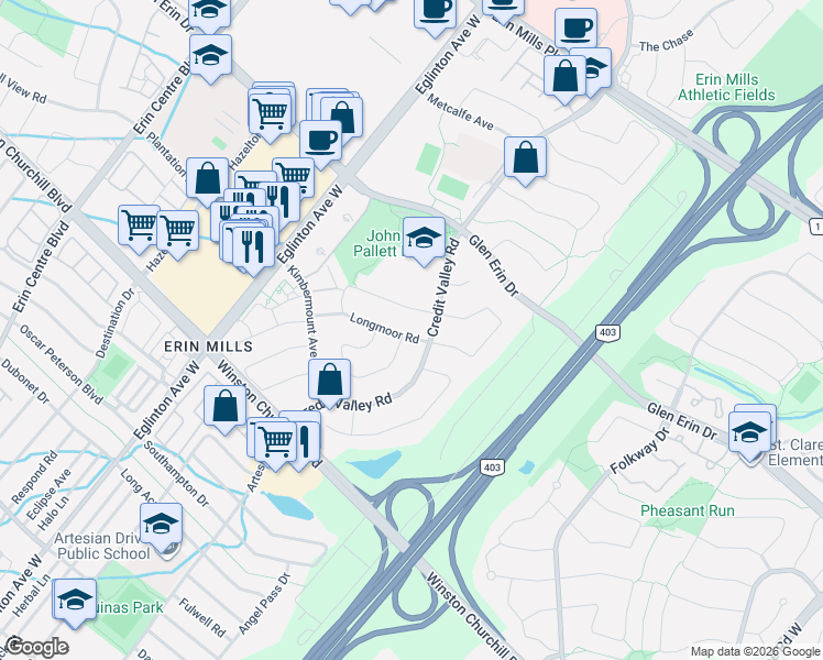 map of restaurants, bars, coffee shops, grocery stores, and more near 4505 Longmoor Road in Mississauga