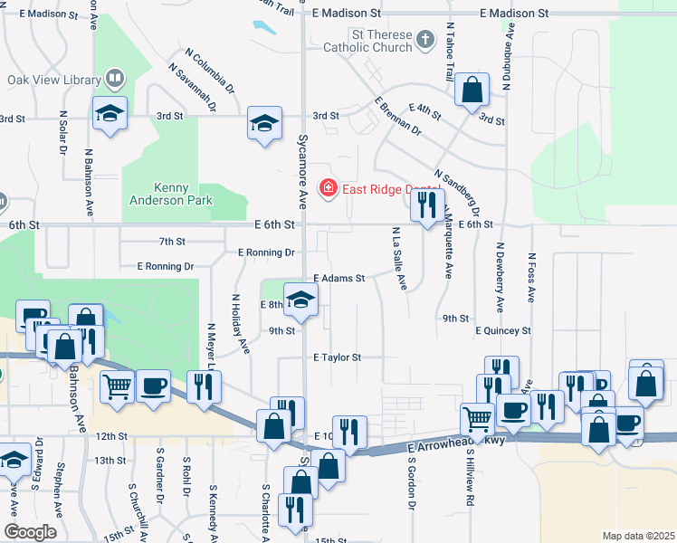 map of restaurants, bars, coffee shops, grocery stores, and more near 4514 East Adams Street in Sioux Falls