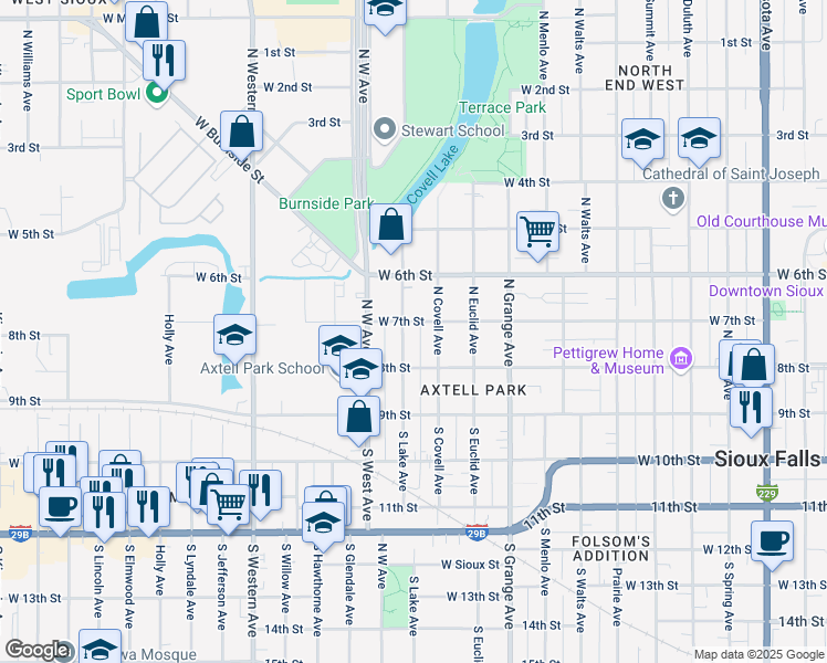 map of restaurants, bars, coffee shops, grocery stores, and more near 213 North Lake Avenue in Sioux Falls
