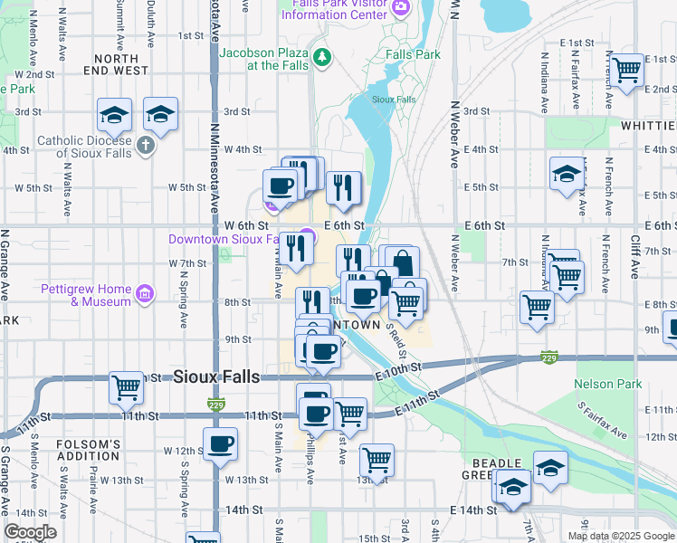 map of restaurants, bars, coffee shops, grocery stores, and more near 111 East 7th Street in Sioux Falls