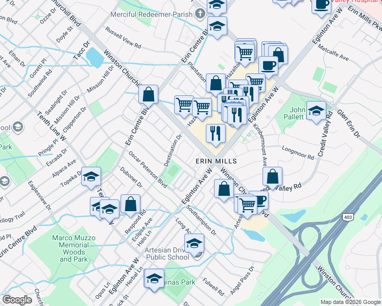 map of restaurants, bars, coffee shops, grocery stores, and more near 3115 Boxford Crescent in Mississauga