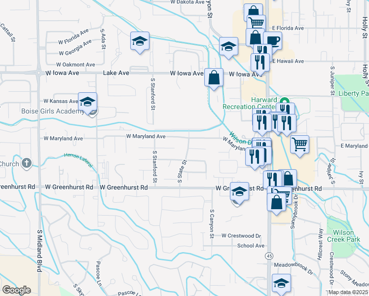 map of restaurants, bars, coffee shops, grocery stores, and more near 2007 South State Street in Nampa