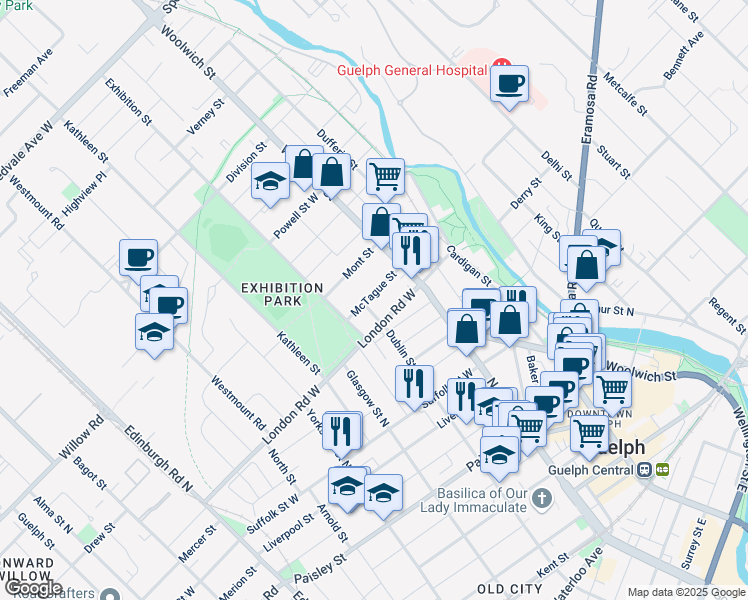 map of restaurants, bars, coffee shops, grocery stores, and more near 42 McTague Street in Guelph