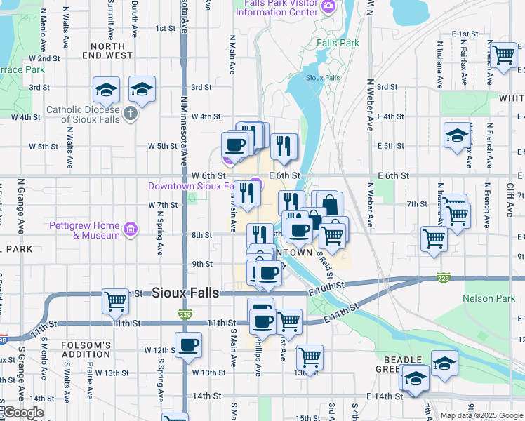 map of restaurants, bars, coffee shops, grocery stores, and more near 220 North Phillips Avenue in Sioux Falls