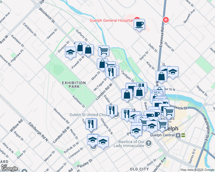 map of restaurants, bars, coffee shops, grocery stores, and more near in Guelph