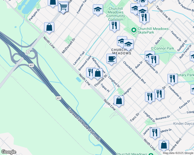 map of restaurants, bars, coffee shops, grocery stores, and more near 5704 Keldrew Avenue in Mississauga