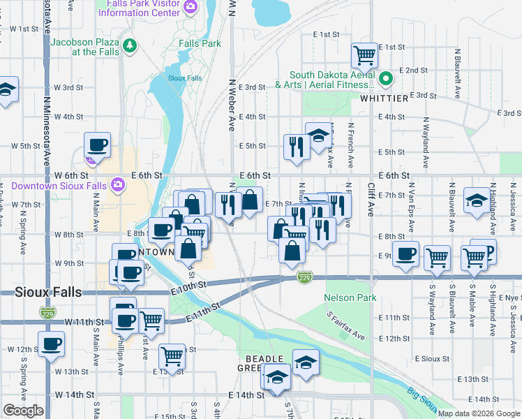 map of restaurants, bars, coffee shops, grocery stores, and more near 217 N Nesmith Ave in Sioux Falls