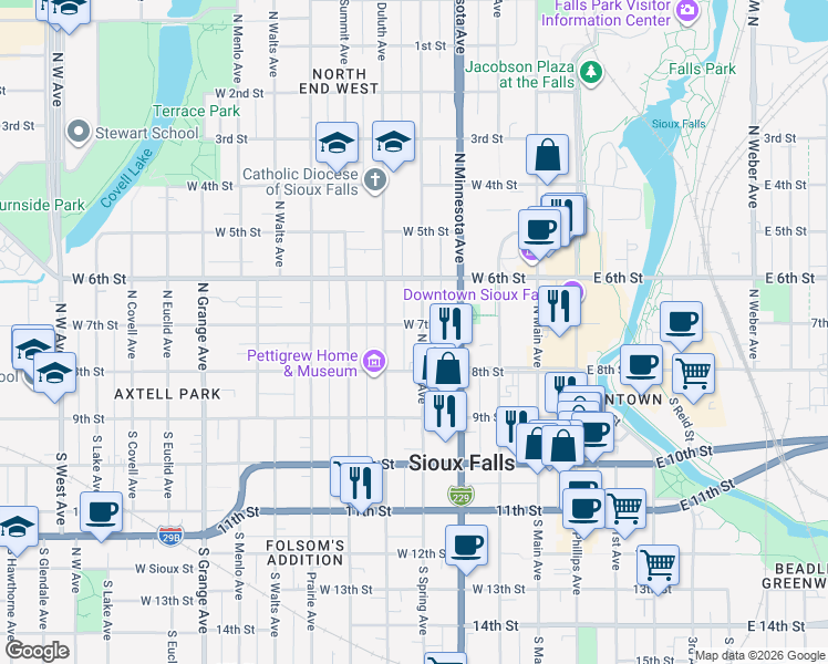 map of restaurants, bars, coffee shops, grocery stores, and more near 507 West 7th Street in Sioux Falls