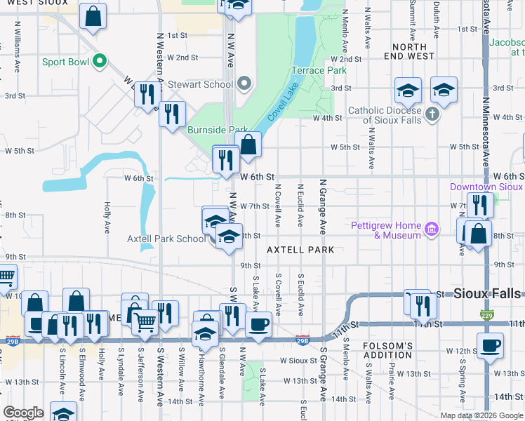 map of restaurants, bars, coffee shops, grocery stores, and more near 213 North Lake Avenue in Sioux Falls