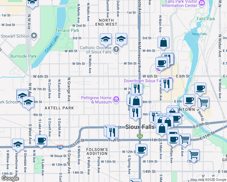 map of restaurants, bars, coffee shops, grocery stores, and more near 607 West 7th Street in Sioux Falls