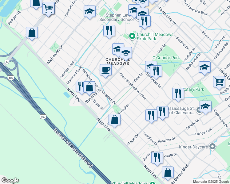 map of restaurants, bars, coffee shops, grocery stores, and more near 5639 Fantasia Manor in Mississauga
