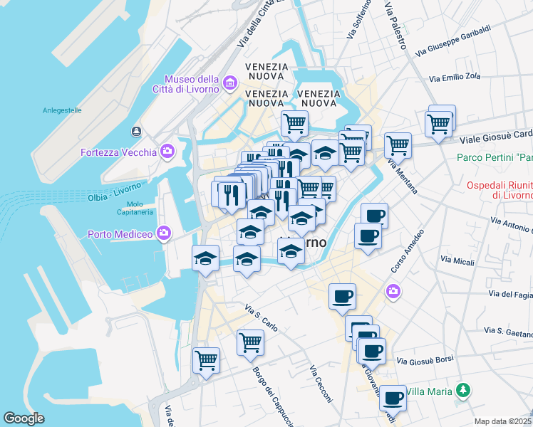 map of restaurants, bars, coffee shops, grocery stores, and more near in Livorno