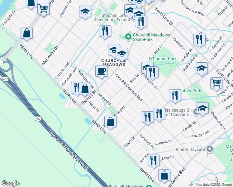 map of restaurants, bars, coffee shops, grocery stores, and more near 3798 Arbourview Terrace in Mississauga