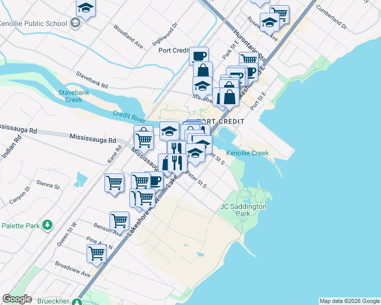 map of restaurants, bars, coffee shops, grocery stores, and more near 120 Lakeshore Road West in Mississauga