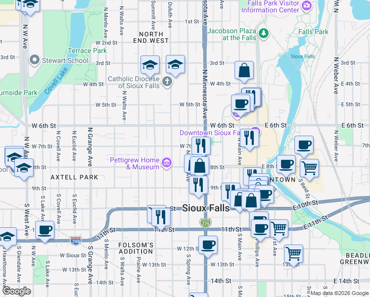 map of restaurants, bars, coffee shops, grocery stores, and more near 507 West 7th Street in Sioux Falls