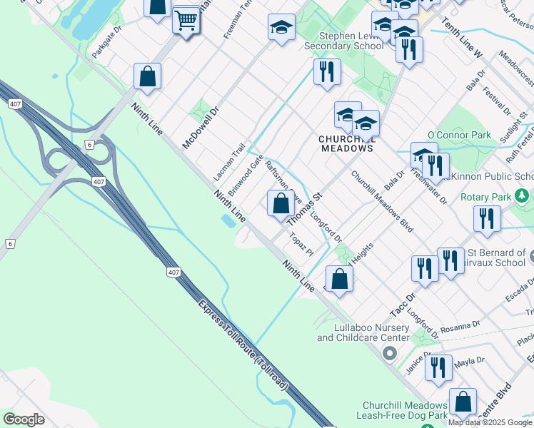 map of restaurants, bars, coffee shops, grocery stores, and more near 5740 Keldrew Avenue in Mississauga