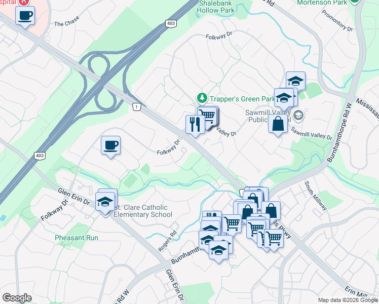 map of restaurants, bars, coffee shops, grocery stores, and more near 4111 Arbour Green Drive in Mississauga
