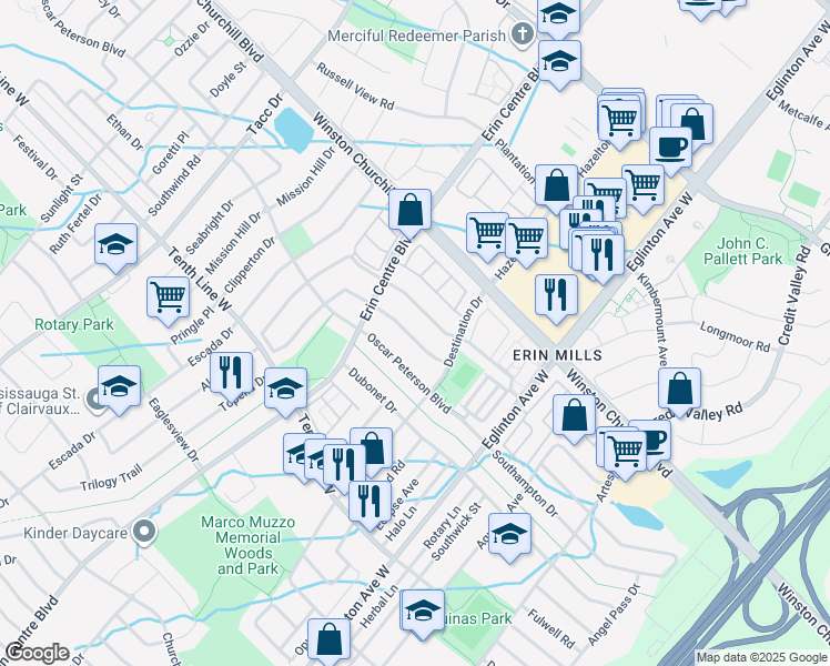 map of restaurants, bars, coffee shops, grocery stores, and more near 5135 Nestling Grove in Mississauga