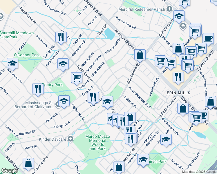 map of restaurants, bars, coffee shops, grocery stores, and more near 3137 Countess Crescent in Mississauga