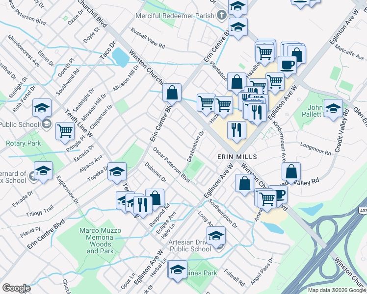 map of restaurants, bars, coffee shops, grocery stores, and more near 5122 Angel Stone Drive in Mississauga