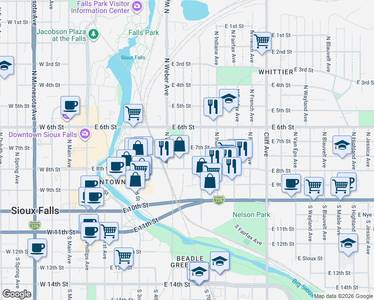 map of restaurants, bars, coffee shops, grocery stores, and more near 217 N Nesmith Ave in Sioux Falls