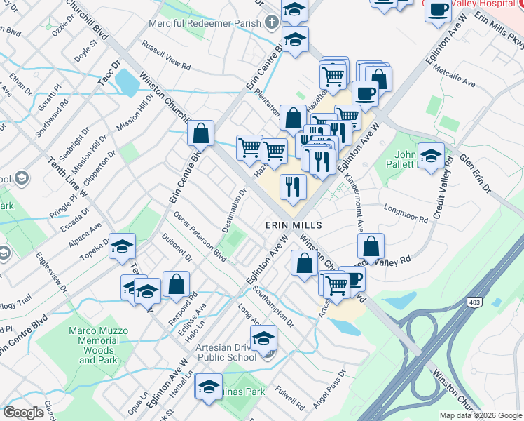 map of restaurants, bars, coffee shops, grocery stores, and more near 3135 Boxford Crescent in Mississauga